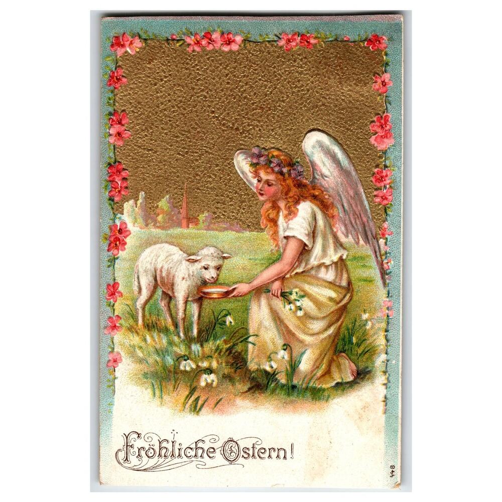 Otto Schloss Vintage Fröhliche Ostern Angel & Lamb German Easter Postcard Emboss